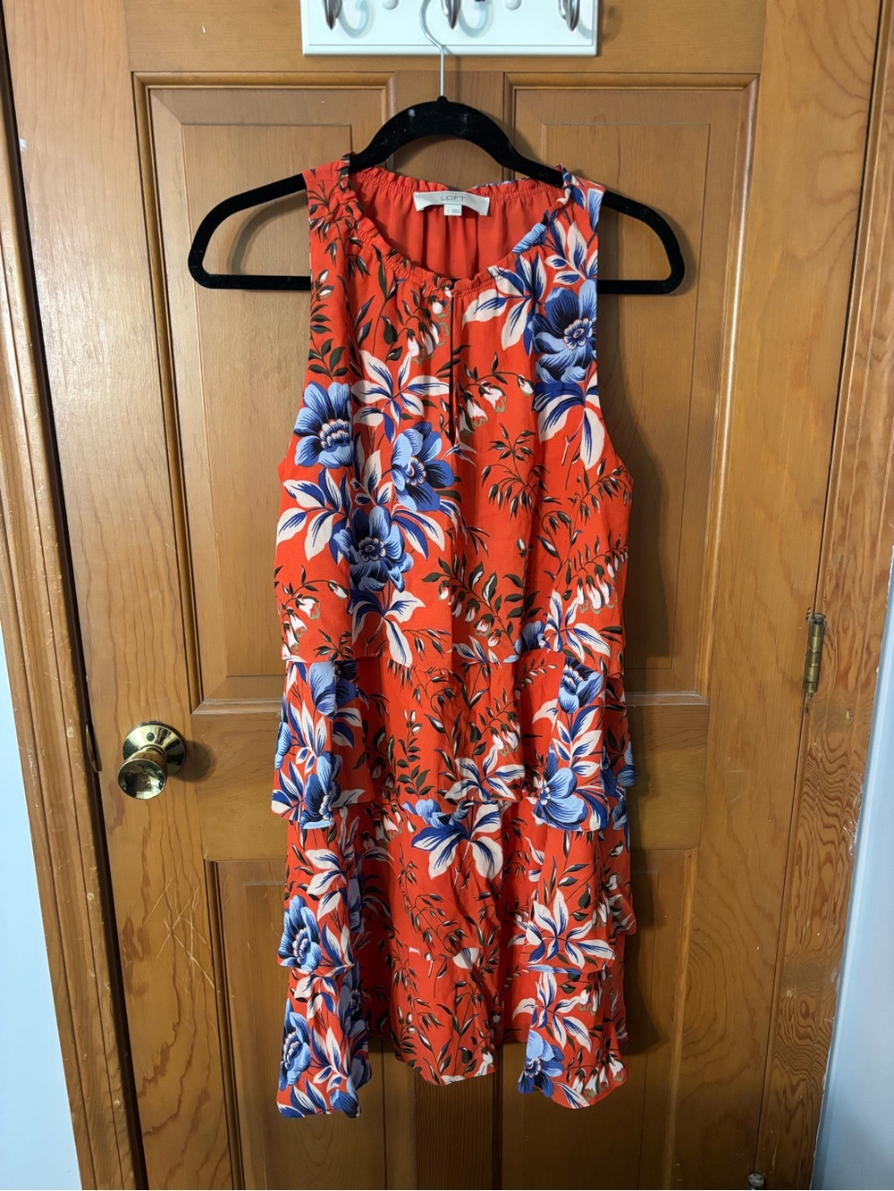 LOFT Red Floral Tiered Sleeveless Dress with Blue & White Flowers